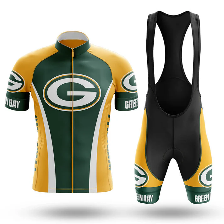 Show your team spirit with the Chiefs Short Sleeve Cycling Set—a green, yellow, and white cycling kit featuring the iconic logo and "Chiefs" text on sleeves and shorts. This customizable cycling gear is perfect for diehard fans.