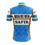 The Salvarani 1972 Retro Short Sleeve Cycling Set is a blue customizable jersey with white, yellow, and orange accents. VAN DE VEN and SAFIR are printed in bold black across the back for a classic retro cycling look.