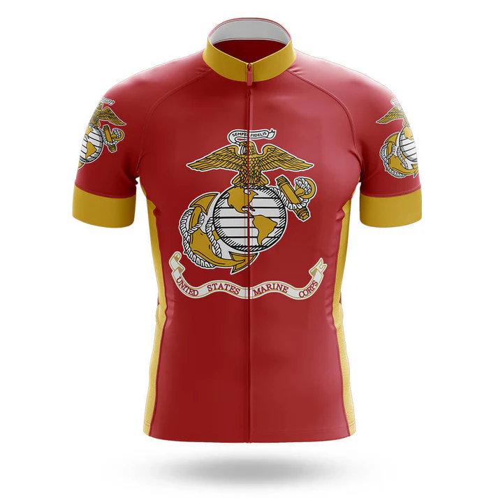 The Marines Men Short Sleeve Cycling Set is a red men's kit with gold trim, displaying the United States Marine Corps emblem and "United States Marine Corps" on the front—a bold USMC cycling choice for dedicated riders.