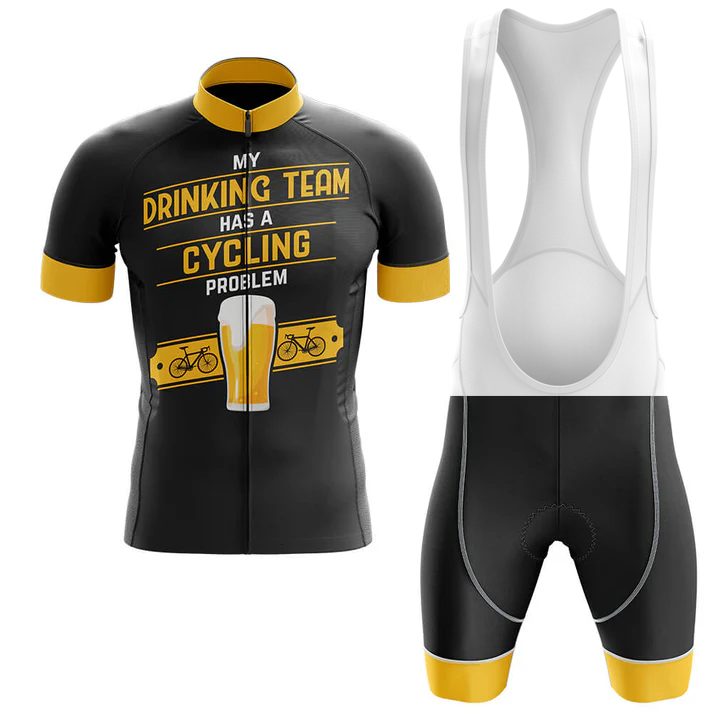 The Belgium Men Short Sleeve Cycling Set includes a black and yellow jersey with "My Drinking Team Has a Cycling Problem" plus beer and bicycle graphics, and black bib shorts with yellow leg cuffs and white straps.