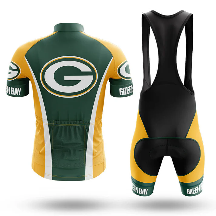 Chiefs Short Sleeve Cycling Set, including a cycling jersey and bib shorts with the Kansas City Chiefs logo and text. Customizable gear shown from both front and back views.