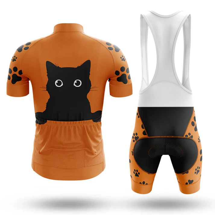 11th Armored Cavalry Regiment men’s short sleeve cycling set includes a moisture-wicking jersey with black cat and wide eyes on the back, black paw prints on sleeves, shorts, and back; shorts feature a white bib and black rear panels.