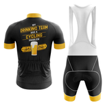 The Belgium Men Short Sleeve Cycling Set features front and back views; the back of the jersey displays “My drinking team has a cycling problem” with a beer glass and two bikes in bold black, yellow, and white.