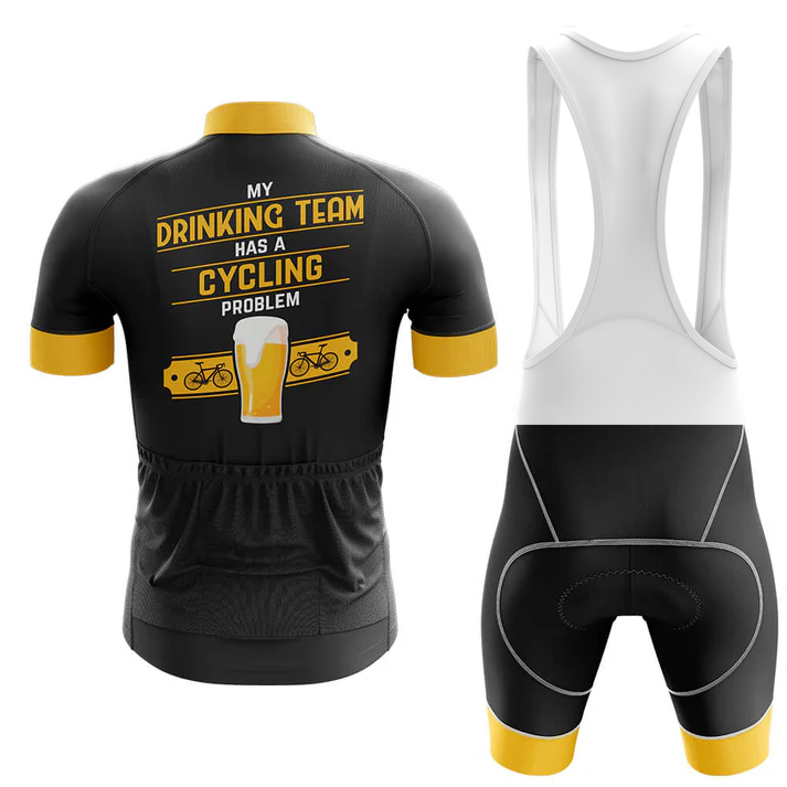 The Belgium Men Short Sleeve Cycling Set features front and back views; the back of the jersey displays “My drinking team has a cycling problem” with a beer glass and two bikes in bold black, yellow, and white.