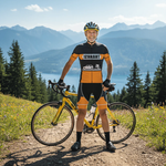A smiling cyclist in a U.S. Navy Veteran Short Sleeve Cycling Set stands with his bike on a mountain trail, surrounded by trees and wildflowers, with mountains and a lake in the background.