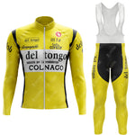 The 1983 del tongo Fleece Retro Long Cycling Set features a yellow and black long-sleeve performance jersey with del tongo and COLNAGO logos, full front zipper, black side panels, and bib tights paired with a white bib.