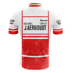 The Jacky Aernoudt Meubel Rossin Retro Short Sleeve Cycling Set features a red and white jersey with MEUBEL TAPIJT and J. AERNOUTD text, red sleeve stripes, sponsor logos, and vintage style ideal for classic Jacky Aernoudt Meubel enthusiasts.