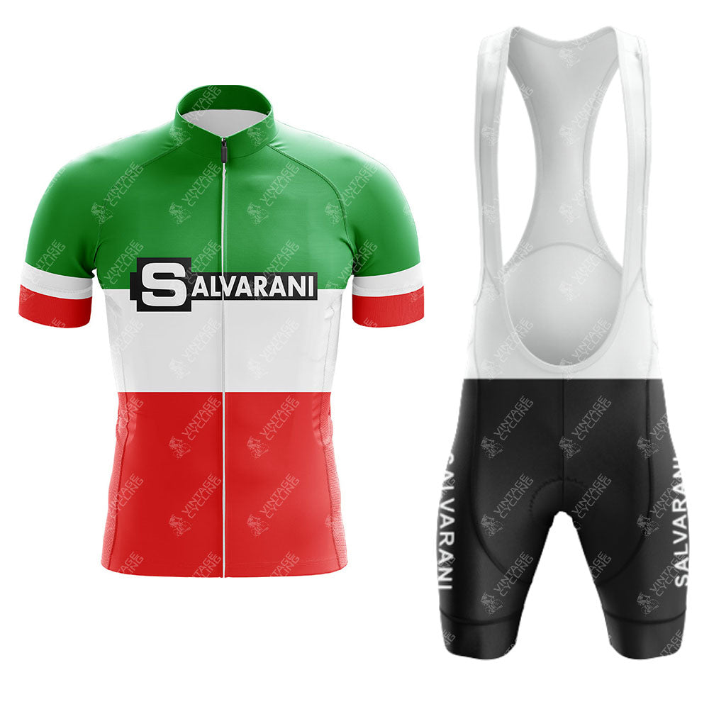 The Sanson Retro Short Sleeve Cycling Set features a green, white, and red striped jersey with "SALVARANI" on the chest and black bib shorts with vertical "SALVARANI" text—ideal for fans of classic cycling style.