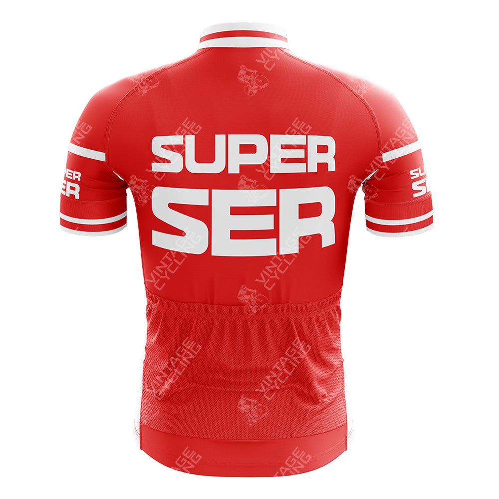 The Mercatone Uno Retro Short Sleeve Cycling Set showcases a vibrant red jersey with white SUPER SER text on the back. Its short sleeves feature white stripes and subtle watermark patterns, blending timeless style with comfort for every ride.