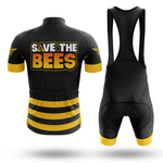 The Sloth And Turtle Men Short Sleeve Cycling Set features black and yellow colors with honeycomb patterns, bold SAVE THE BEES lettering on the jersey, a bee graphic on the back, and matching bib shorts.