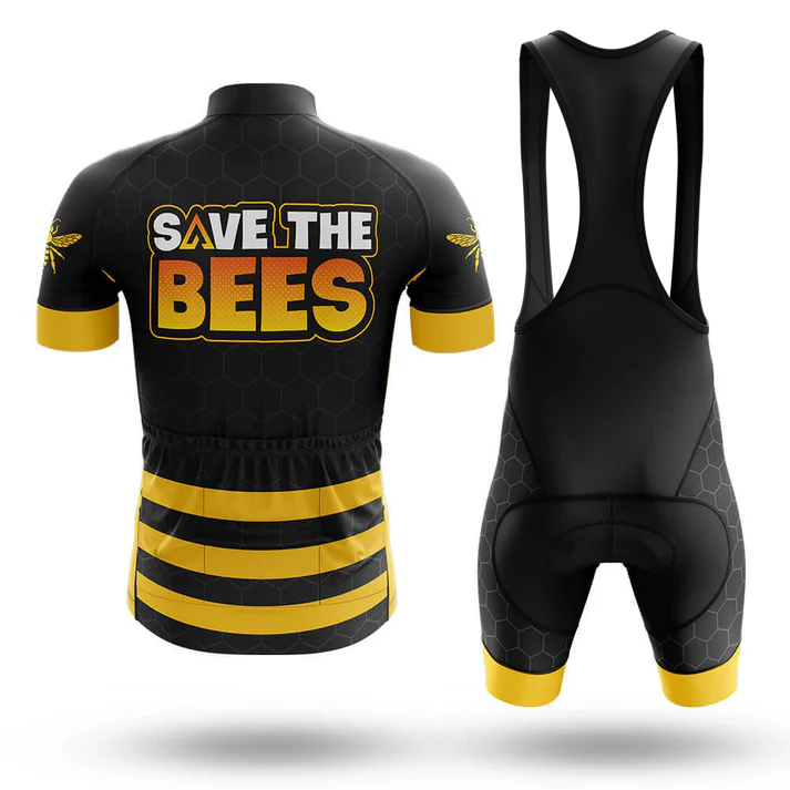 The Sloth And Turtle Men Short Sleeve Cycling Set features black and yellow colors with honeycomb patterns, bold SAVE THE BEES lettering on the jersey, a bee graphic on the back, and matching bib shorts.