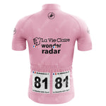 This pink retro cycling jersey from the Wonder Radar La Vie Claire Retro Short Sleeve Cycling Set features logos, a small French flag, two 81 race numbers on the lower back labeled B. Hinault and La Gazzetta dello Sport, making it the perfect addition to your cycling collection.