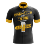 The Belgium Men Short Sleeve Cycling Set is a black cycling jersey with yellow cuffs and collar, featuring “MY DRINKING TEAM HAS A CYCLING PROBLEM,” beer glass, bikes, and yellow band—a fun kit for cyclists who love to stand out.