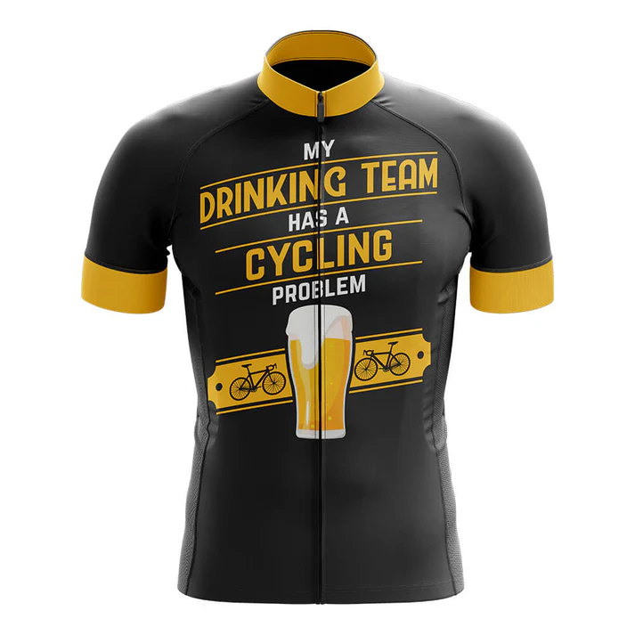 The Belgium Men Short Sleeve Cycling Set is a black cycling jersey with yellow cuffs and collar, featuring “MY DRINKING TEAM HAS A CYCLING PROBLEM,” beer glass, bikes, and yellow band—a fun kit for cyclists who love to stand out.