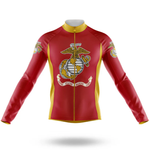 The Marines Men Long Sleeve Cycling Jersey features red and yellow colors with the United States Marine Corps emblem and text on the front and sleeves, ideal for USMC fans, shown on a plain white background.