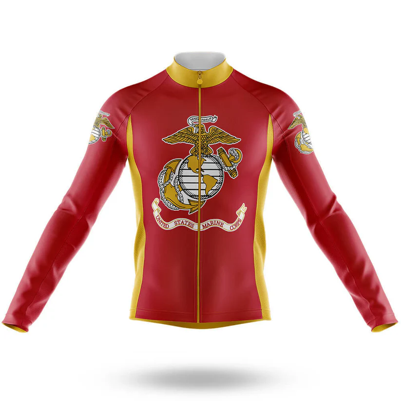 The Marines Men Long Sleeve Cycling Jersey features red and yellow colors with the United States Marine Corps emblem and text on the front and sleeves, ideal for USMC fans, shown on a plain white background.
