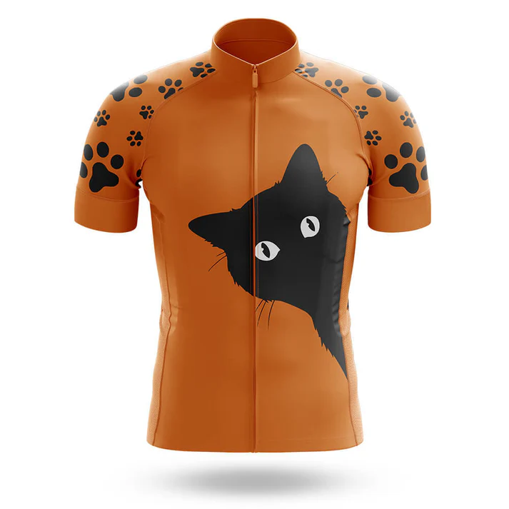 The 11th Armored Cavalry Regiment Men Short Sleeve Cycling Set is an orange, moisture-wicking jersey with a large black cat face on the front and black paw prints on the shoulders and sleeves.