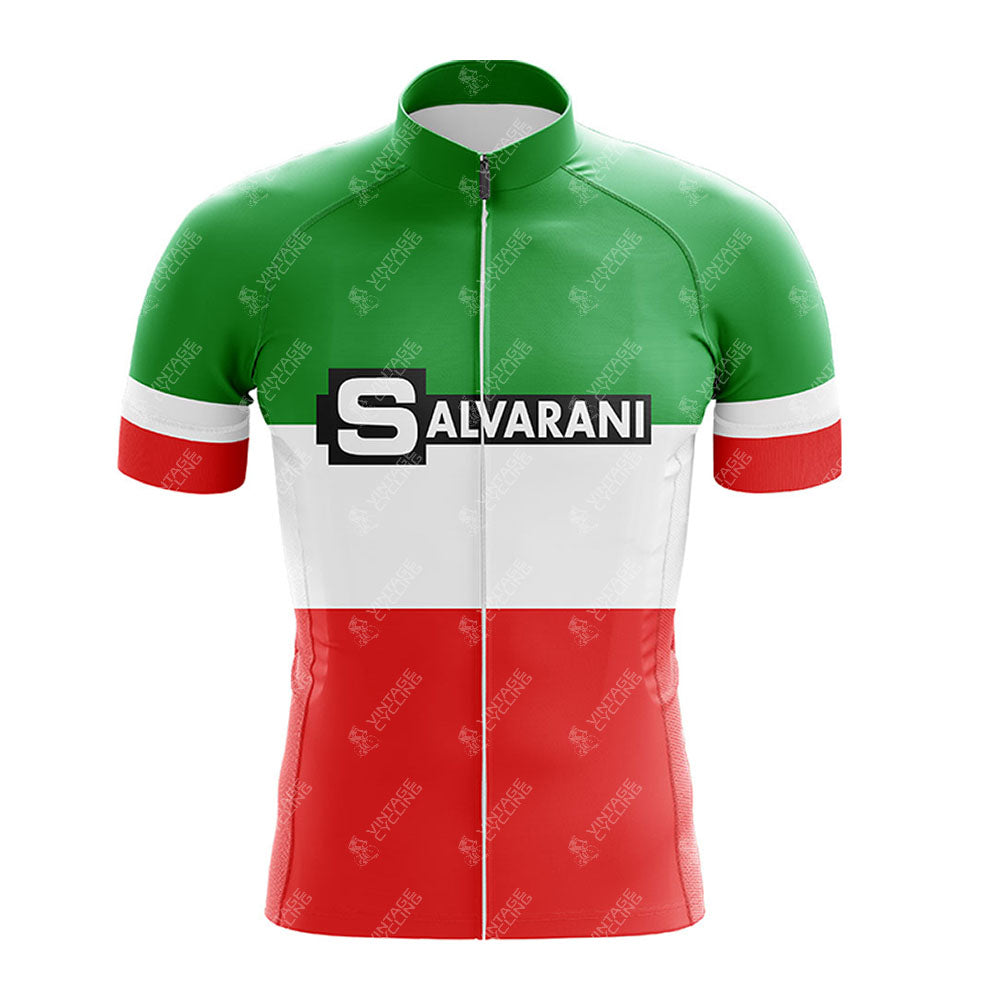 A cycling jersey with green, white, and red horizontal stripes inspired by the Salvarani 1972 team. SANSON is printed in black and white on the chest of this Sanson Retro Cycling Jersey.
