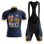 Navy blue U.S. Navy Submarine Force short sleeve cycling set featuring an American flag, eagle, Navy seal, "Submarine Force" text, and yellow and white accents inspired by retro cycling jerseys; customizable for veterans.