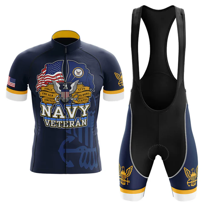 Navy blue U.S. Navy Submarine Force short sleeve cycling set featuring an American flag, eagle, Navy seal, "Submarine Force" text, and yellow and white accents inspired by retro cycling jerseys; customizable for veterans.