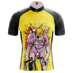 The Mercatone Uno Retro Cycling Jersey is designed for performance, showcasing a dynamic cartoon cyclist in bright gear and sunglasses on the front. Surrounded by bold yellow and red splashes, this energetic design is crafted from lightweight polyester.