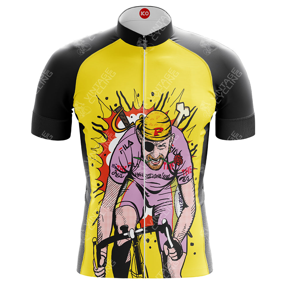 The Mercatone Uno Retro Cycling Jersey is designed for performance, showcasing a dynamic cartoon cyclist in bright gear and sunglasses on the front. Surrounded by bold yellow and red splashes, this energetic design is crafted from lightweight polyester.