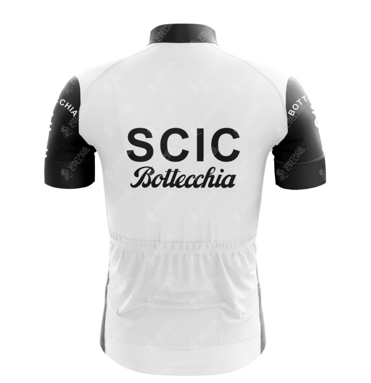 The SCIC Bottecchia Retro Cycling Jersey features a back view made of lightweight polyester with SCIC Bottecchia in bold black on a white background. Its black sleeves display white text, and it includes a small elasticized pocket at the bottom.