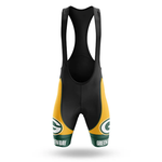 A pair of Chiefs Short Sleeve Cycling Set bib shorts, featuring a black upper section with yellow and green legs, the team logo on each thigh, and GREEN BAY text along the bottom hem.