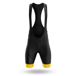 The Sloth And Turtle Men Short Sleeve Cycling Set features black bib shorts with shoulder straps, a subtle hexagonal leg pattern, yellow leg bands, and a matching men's short sleeve Chicago flag jersey. Shown on a white background.
