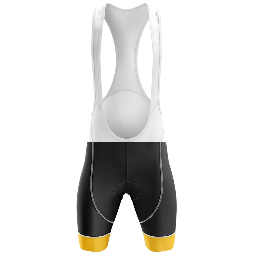 The Belgium Men Short Sleeve Cycling Set features bib shorts with white straps, a black body, and yellow leg bands—ideal for pairing with your favorite jersey or completing your cycling kit.
