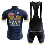 Show your pride with the U.S. Navy Submarine Force Short Sleeve Cycling Set—customizable cycling gear with Navy emblems, a bald eagle, and gold, blue, and white “Navy Veteran” text on a retro dark blue jersey and bib shorts.