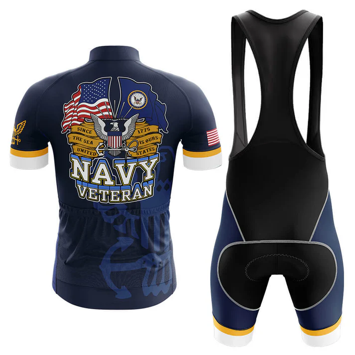 Show your pride with the U.S. Navy Submarine Force Short Sleeve Cycling Set—customizable cycling gear with Navy emblems, a bald eagle, and gold, blue, and white “Navy Veteran” text on a retro dark blue jersey and bib shorts.