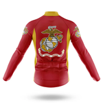The Marines Men Long Sleeve Cycling Jersey is shown from the back in red and yellow, featuring the United States Marine Corps emblem and text on the back and sleeves.