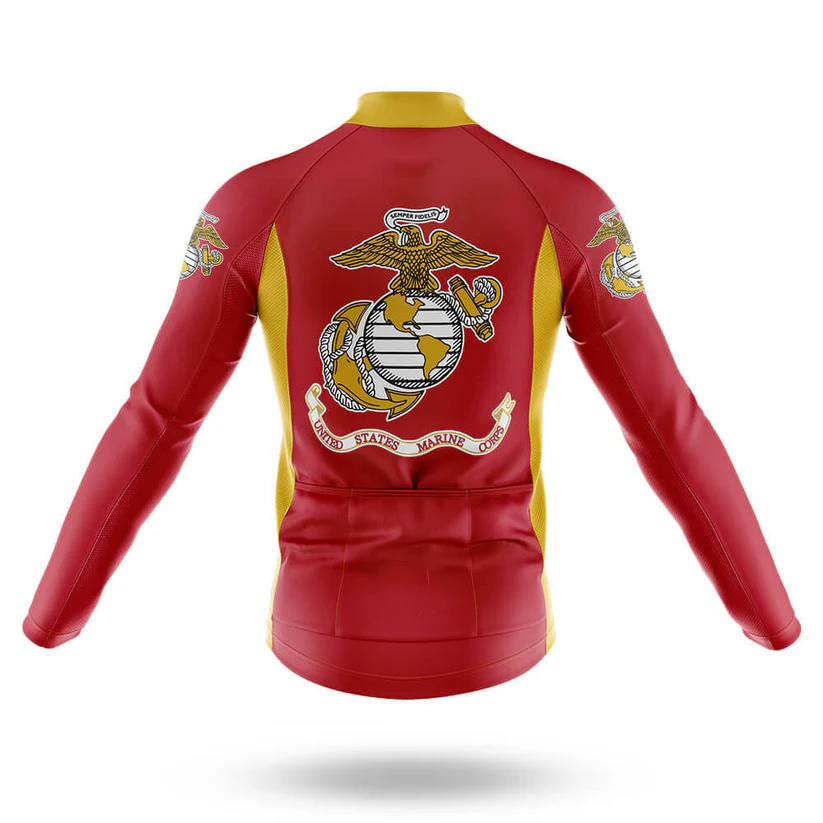 The Marines Men Long Sleeve Cycling Jersey is shown from the back in red and yellow, featuring the United States Marine Corps emblem and text on the back and sleeves.