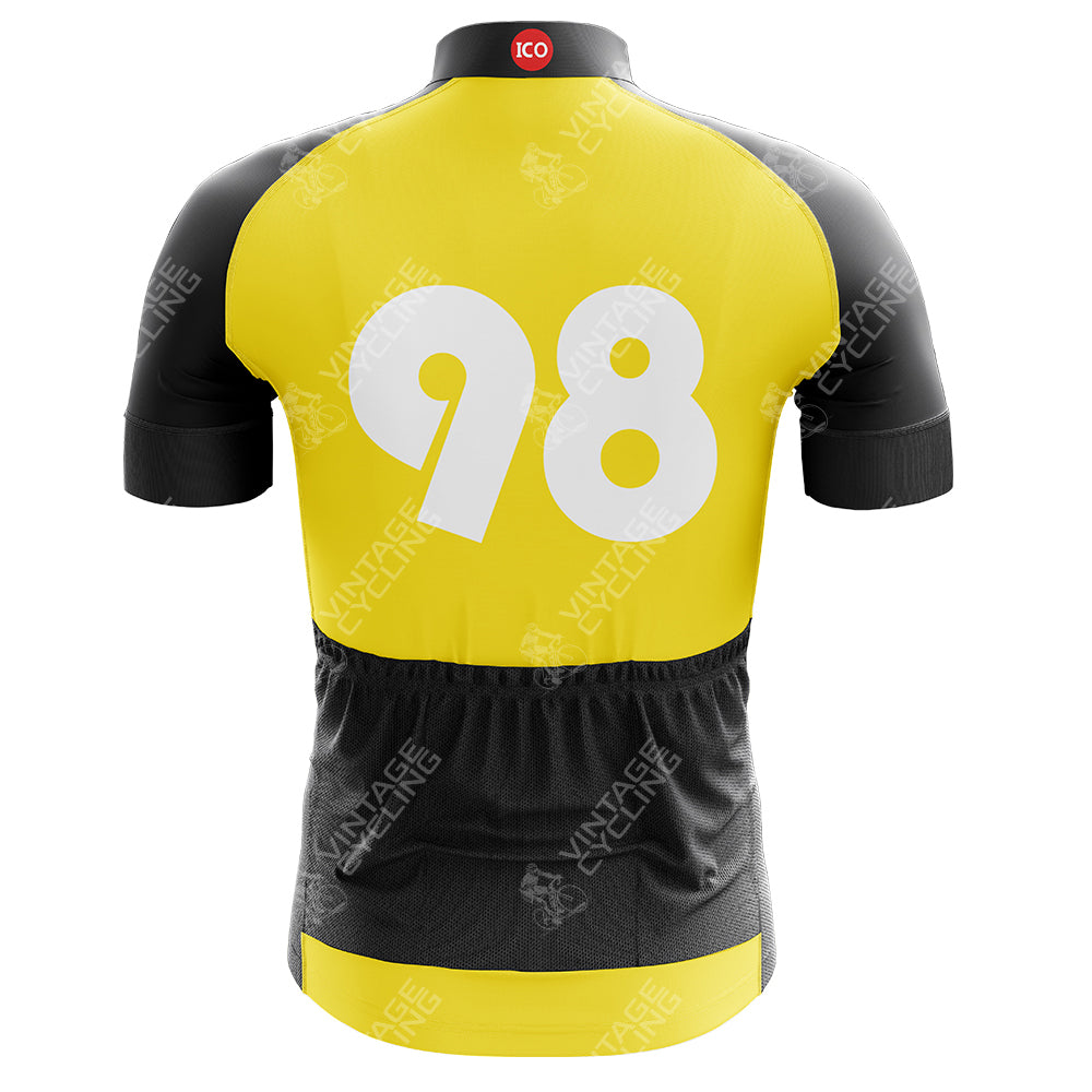The Mercatone Uno Retro Cycling Jersey showcases a yellow and black design with the number 98 in white on the back. Made from lightweight polyester, it features short sleeves, a high collar, and the Vintage Cycling watermark—ideal for performance.