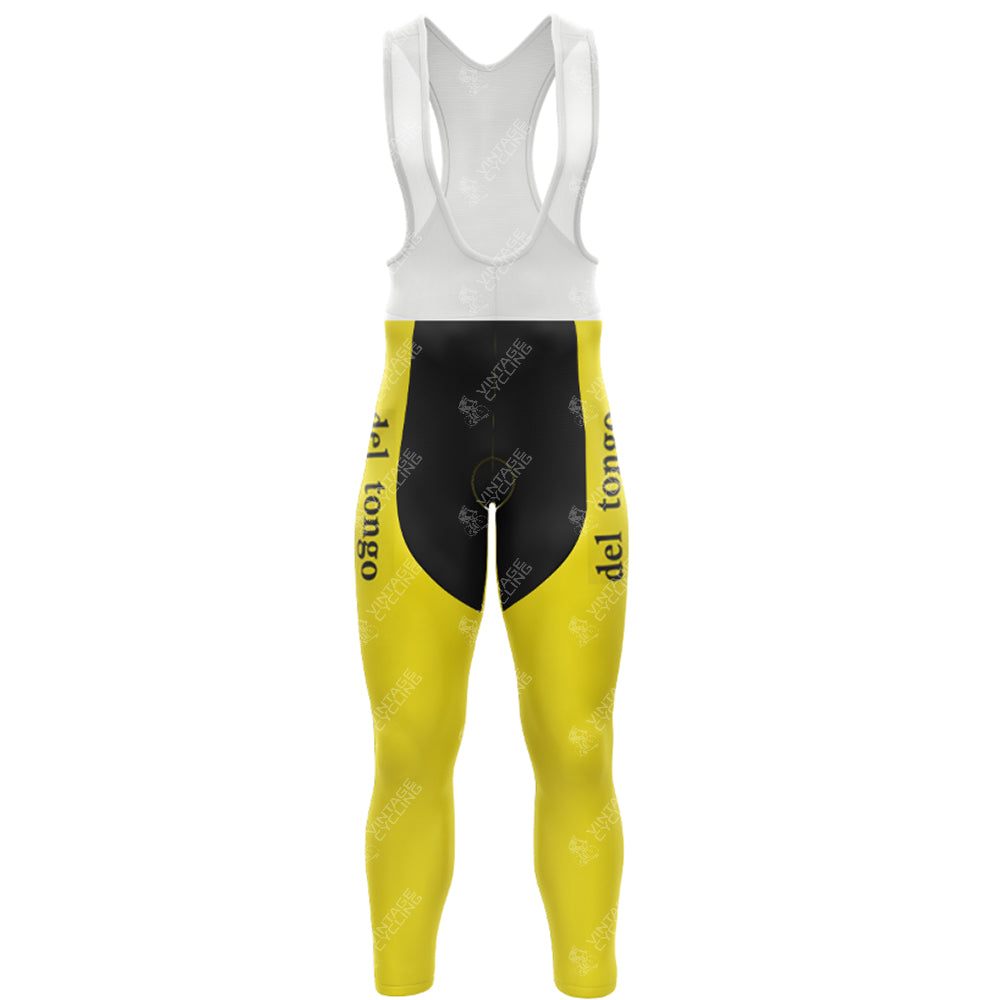 The 1983 del tongo Fleece Retro Long Cycling Set boasts yellow and black leggings on a white background, with Del Tongo in black on the yellow legs. The upper section is crisp white with useful shoulder straps.