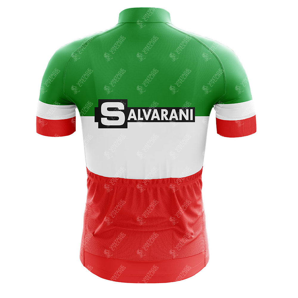 A Sanson Retro Retro Cycling Jersey with green shoulders, white middle, and red bottom. "SANSON" is boldly printed in black and white across the back, capturing classic retro style.