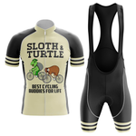 The Denmark Black Men Short Sleeve Cycling Set includes a performance jersey with cartoon sloth and turtle on bikes and "Sloth & Turtle: Best Cycling Buddies For Life" text, paired with black bib shorts for a fun, stylish kit.