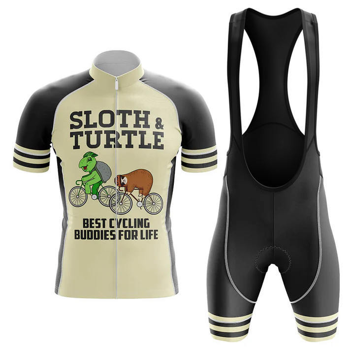 The Denmark Black Men Short Sleeve Cycling Set includes a performance jersey with cartoon sloth and turtle on bikes and "Sloth & Turtle: Best Cycling Buddies For Life" text, paired with black bib shorts for a fun, stylish kit.