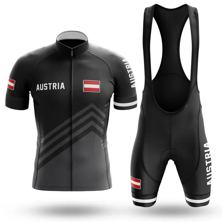 The Sloth Team Men Short Sleeve Cycling Set is a black cycling jersey and bib shorts set featuring AUSTRIA and the Austrian flag, with matching text and flag on both pieces. The set includes a front-zip jersey and bib shorts with shoulder straps.