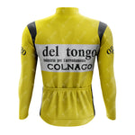 Yellow long-sleeve performance jersey with del tongo, industria per larredamento, and COLNAGO in black on the back, featuring black and white stripes on sides and sleeves. Available as part of the 1983 del tongo Fleece Retro Long Cycling Set.