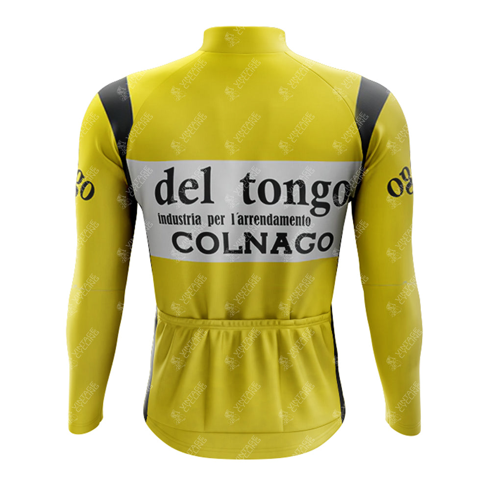 Yellow long-sleeve performance jersey with del tongo, industria per larredamento, and COLNAGO in black on the back, featuring black and white stripes on sides and sleeves. Available as part of the 1983 del tongo Fleece Retro Long Cycling Set.