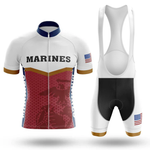 Front and back view of the Ride Or Die V1 Men Short Sleeve Cycling Set featuring MARINES text, a U.S. flag patch, maroon graphic design, short-sleeve jersey, and bib shorts with white straps and black padding.