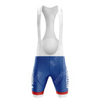 The MOTOROLA Retro Short Sleeve Cycling Set features cycling bib shorts with white straps and a blue body, showcasing VINTAGE CYCLING and MOTORO in white text with cyclist icons. A distinctive red band adorns the bottom for added style.