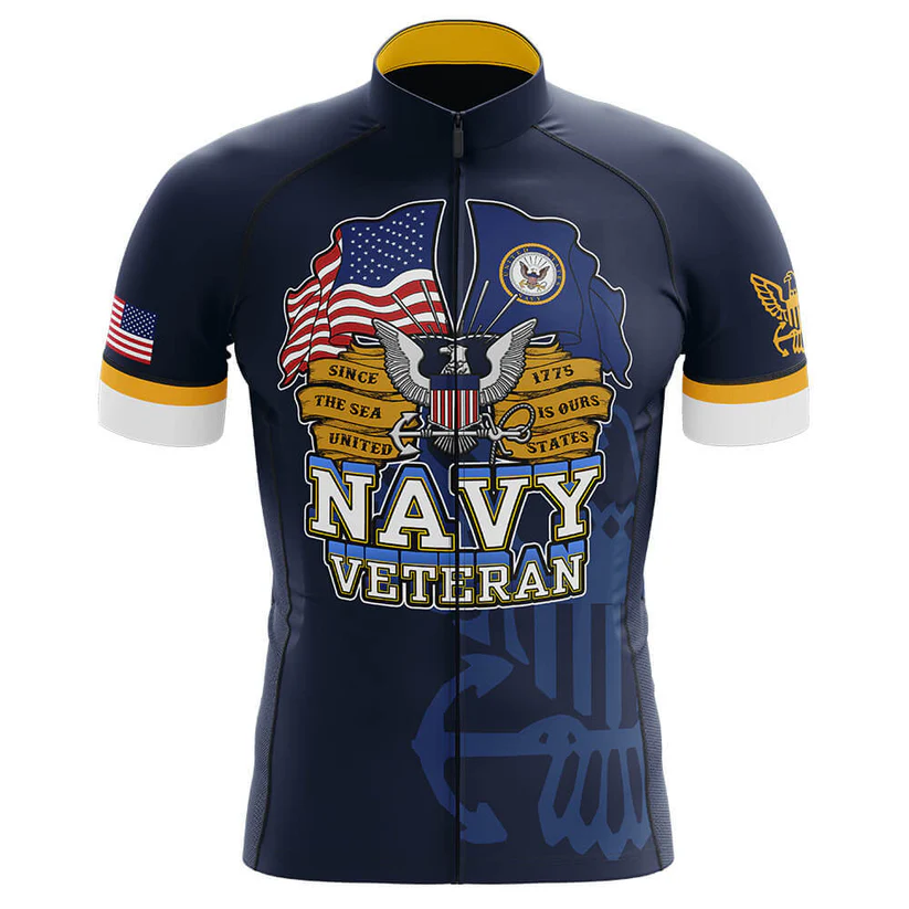 Navy blue U.S. Navy Submarine Force short sleeve cycling set features an eagle, crossed American and Navy flags, the U.S. Navy emblem, "NAVY VETERAN," "Since 1775, The Sea Is Ours," and the American flag on the right sleeve.