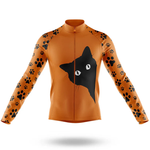 The Felt Men Long Sleeve Cycling Jersey is orange with black paw prints on the sleeves and a bold black cat face with white eyes on the front, making it ideal for fans of Ohio University cycling.