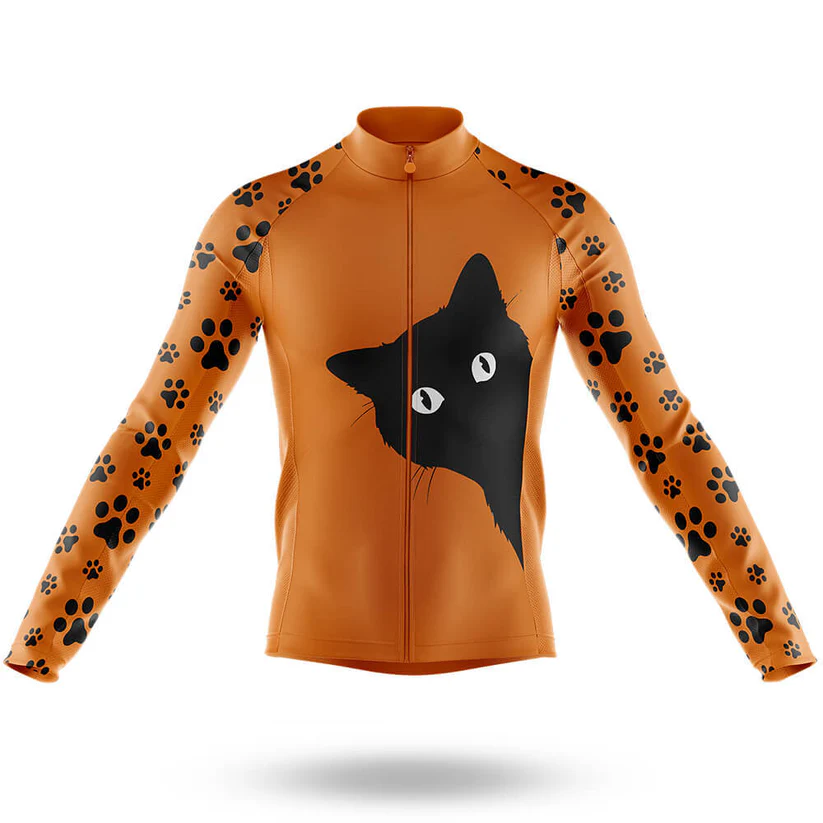 The Felt Men Long Sleeve Cycling Jersey is orange with black paw prints on the sleeves and a bold black cat face with white eyes on the front, making it ideal for fans of Ohio University cycling.