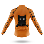 The Felt Men Long Sleeve Cycling Jersey in orange features black paw prints on the arms and shoulders, plus a striking black cat with wide eyes on the back—ideal for Ohio University cycling fans.