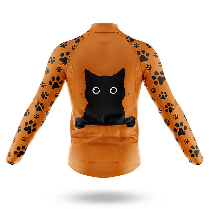 The Felt Men Long Sleeve Cycling Jersey in orange features black paw prints on the arms and shoulders, plus a striking black cat with wide eyes on the back—ideal for Ohio University cycling fans.