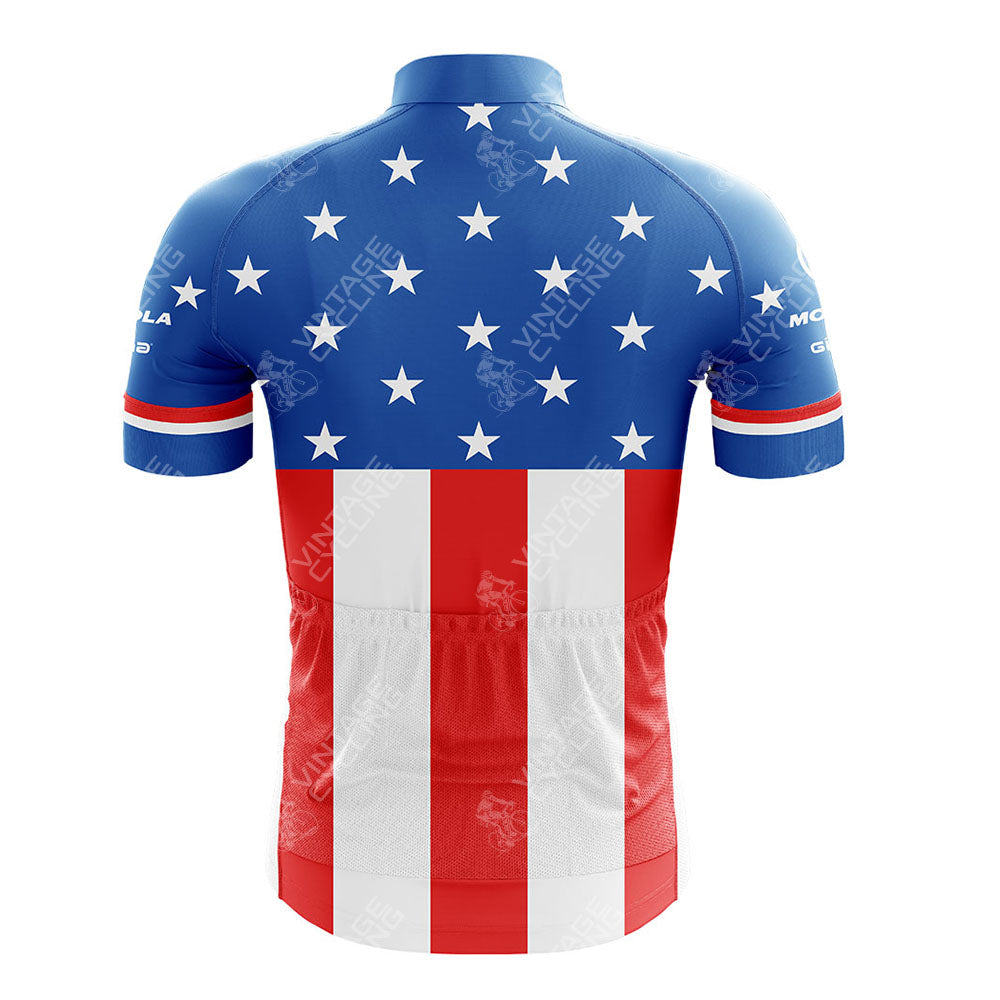 The MOTOROLA Retro Short Sleeve Cycling Set features a back design inspired by the American flag, with blue and white stars on top and red and white stripes below, completed with a zippered closure.